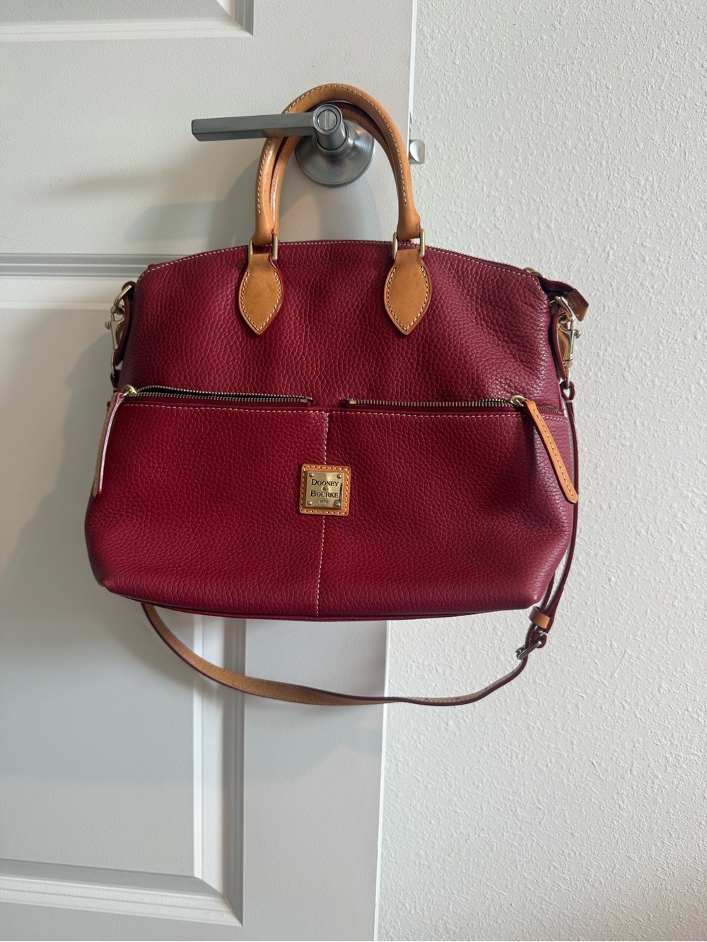 Dooney & Bourke Deep Berry Pebbled Satchel with Tan Trim